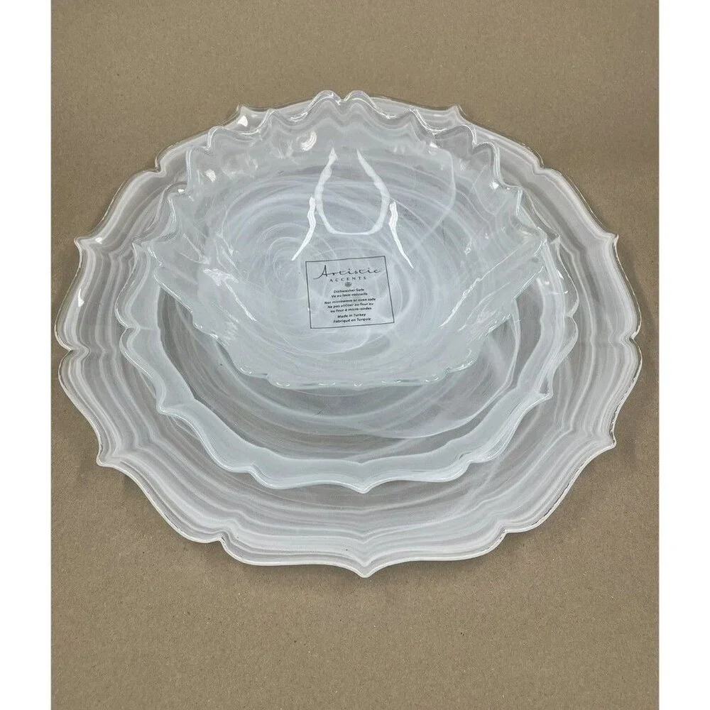Artistic Accents Turkish Glass 4 Plates Set Entrée Dinner White Swirl 11